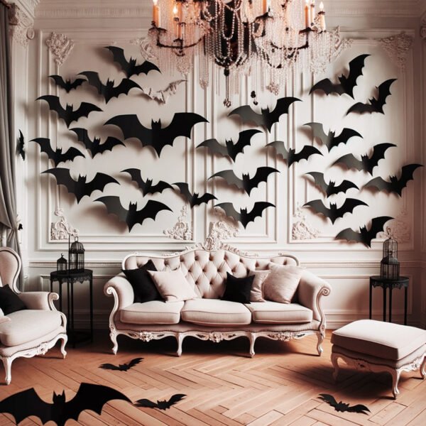 salón decorado con murciélagos para halloween